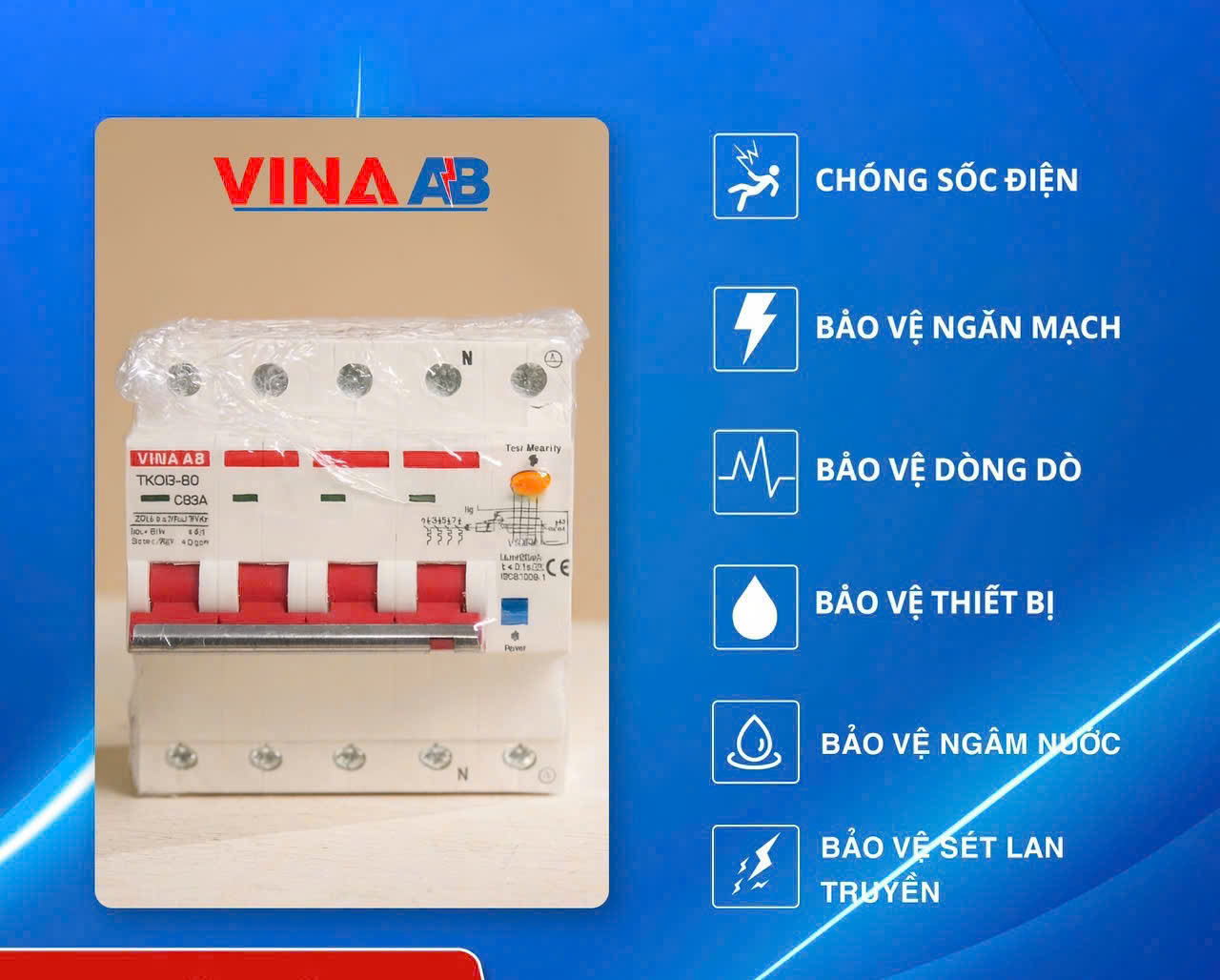 Aptomat chống sốc điện cách ly Vina AB 3 pha dân dụng